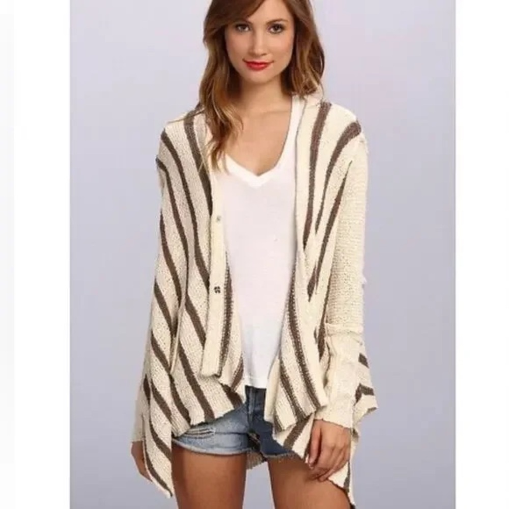 Free People Cream and Brown Striped Cardigan
